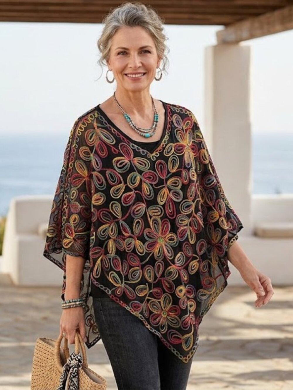Chico's Black Embroidered Boho Poncho Top | Vibrant Lightweight Sheer Layering L